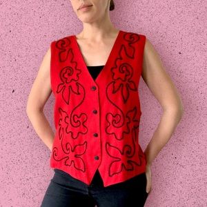 Vintage 1990s On The Verge Red Black Embroidered Funky Button Up Vest
